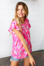 Load image into Gallery viewer, Pink Floral Print Ruffle Short Sleeve Yoke Top