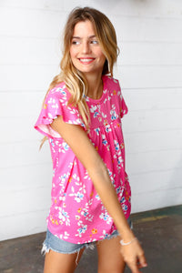 Pink Floral Print Ruffle Short Sleeve Yoke Top