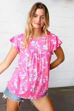 Load image into Gallery viewer, Pink Floral Print Ruffle Short Sleeve Yoke Top