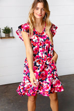 Load image into Gallery viewer, Pink &amp; Navy Floral Babydoll Flutter Sleeve Midi Dress