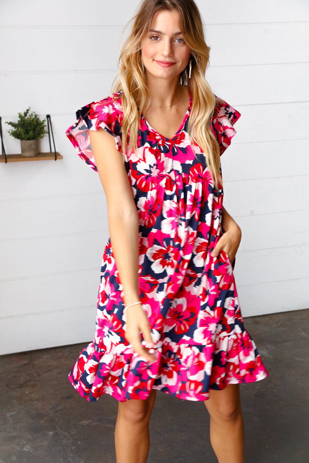 Pink & Navy Floral Babydoll Flutter Sleeve Midi Dress