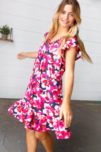 Load image into Gallery viewer, Pink &amp; Navy Floral Babydoll Flutter Sleeve Midi Dress