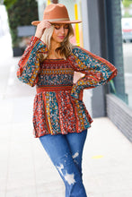 Load image into Gallery viewer, Teal &amp; Rust Smocked Floral Ruffle Hem Top