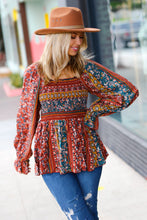 Load image into Gallery viewer, Teal &amp; Rust Smocked Floral Ruffle Hem Top