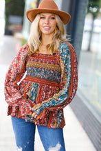 Load image into Gallery viewer, Teal &amp; Rust Smocked Floral Ruffle Hem Top