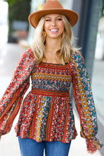 Load image into Gallery viewer, Teal &amp; Rust Smocked Floral Ruffle Hem Top