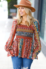 Load image into Gallery viewer, Teal &amp; Rust Smocked Floral Ruffle Hem Top