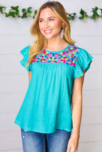 Load image into Gallery viewer, Turquoise Floral Embroidered Ruffle Sleeve Top