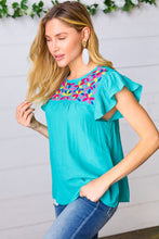 Load image into Gallery viewer, Turquoise Floral Embroidered Ruffle Sleeve Top