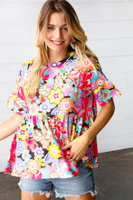 Load image into Gallery viewer, Yellow &amp; Fuchsia Retro Floral Babydoll Top