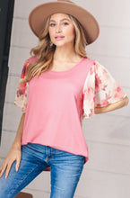 Load image into Gallery viewer, Mauve Rib Floral Chiffon Flutter Sleeve Knit Top