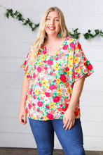 Load image into Gallery viewer, Red Flat Floral Pring Dolman Ruffle Frill Sleeve Blouse