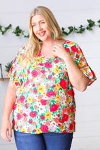 Load image into Gallery viewer, Red Flat Floral Pring Dolman Ruffle Frill Sleeve Blouse