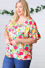 Load image into Gallery viewer, Red Flat Floral Pring Dolman Ruffle Frill Sleeve Blouse