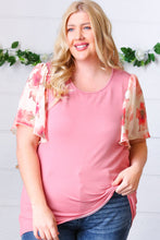 Load image into Gallery viewer, Mauve Rib Floral Chiffon Flutter Sleeve Knit Top