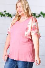 Load image into Gallery viewer, Mauve Rib Floral Chiffon Flutter Sleeve Knit Top