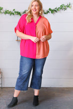 Load image into Gallery viewer, Peach &amp; Magenta Color Block V Neck Crepe Top