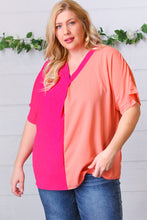 Load image into Gallery viewer, Peach &amp; Magenta Color Block V Neck Crepe Top