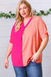 Peach & Magenta Color Block V Neck Crepe Top