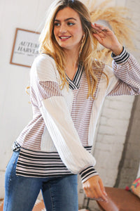 Mauve Two Tone Cable Knit Striped V Neck Top