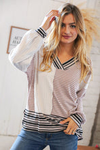Load image into Gallery viewer, Mauve Two Tone Cable Knit Striped V Neck Top