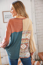 Load image into Gallery viewer, Mauve Patchwork Two Tone Aztec Outseam Top
