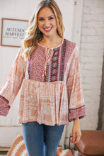 Load image into Gallery viewer, Berry Ethnic Floral Front Beaded Tie Peasant Woven Blouse