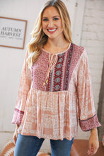 Load image into Gallery viewer, Berry Ethnic Floral Front Beaded Tie Peasant Woven Blouse