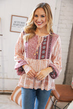 Load image into Gallery viewer, Berry Ethnic Floral Front Beaded Tie Peasant Woven Blouse