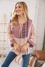 Load image into Gallery viewer, Berry Ethnic Floral Front Beaded Tie Peasant Woven Blouse