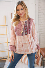 Load image into Gallery viewer, Berry Ethnic Floral Front Beaded Tie Peasant Woven Blouse