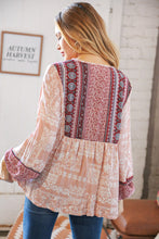 Load image into Gallery viewer, Berry Ethnic Floral Front Beaded Tie Peasant Woven Blouse