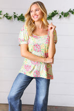 Load image into Gallery viewer, Canary/Mint Floral Square Neck Bubble Sleeve Top