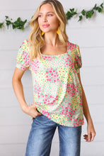 Load image into Gallery viewer, Canary/Mint Floral Square Neck Bubble Sleeve Top