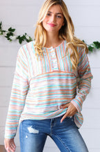 Load image into Gallery viewer, Orange &amp; Teal Textured Stripe Vintage Button Placard Top