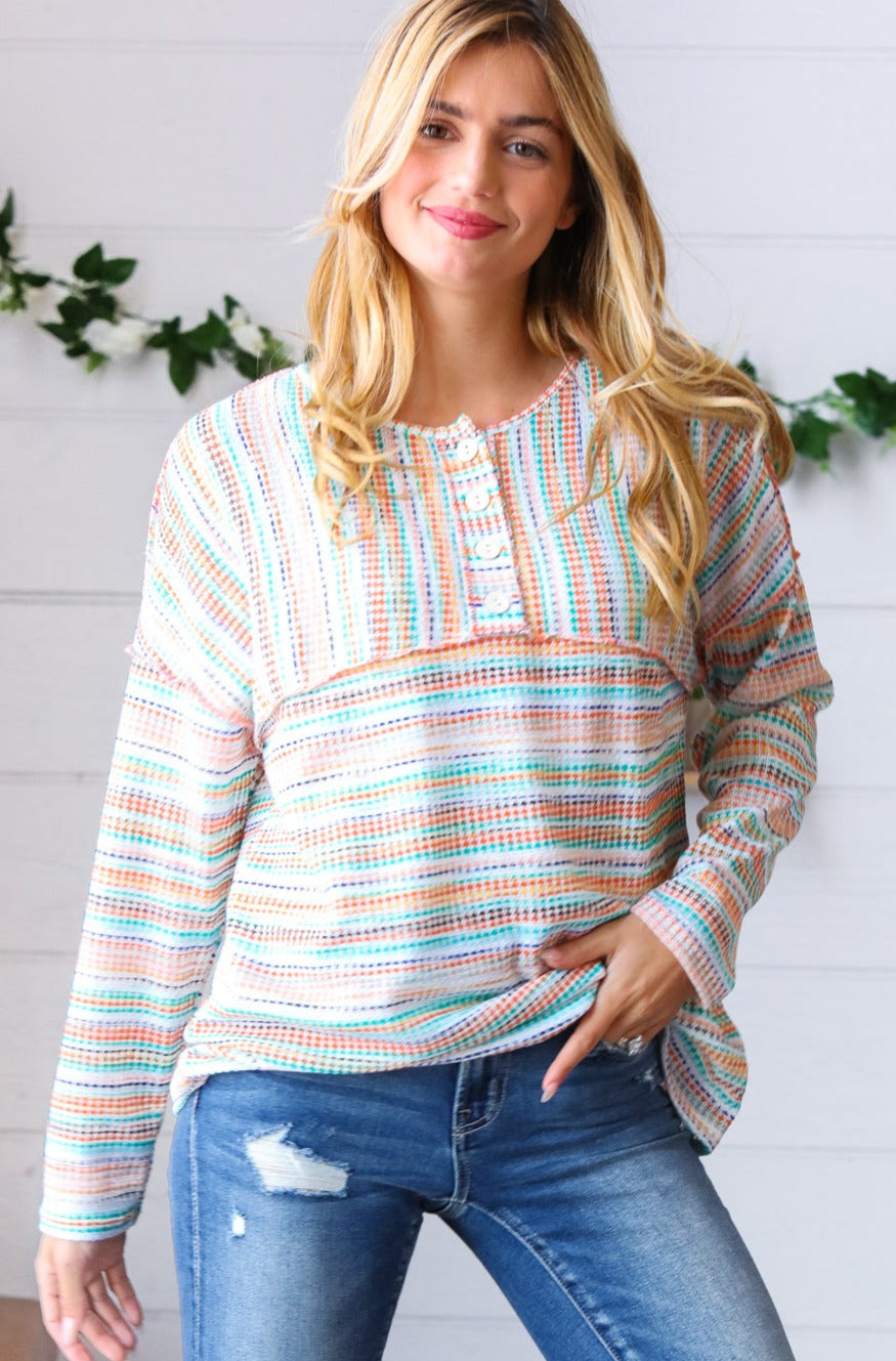 Orange & Teal Textured Stripe Vintage Button Placard Top