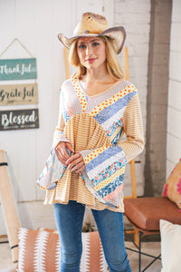 Mustard Ethnic Stripe Two Tone Bell Sleeve Knit Top