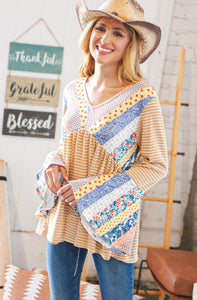 Mustard Ethnic Stripe Two Tone Bell Sleeve Knit Top