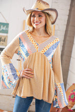 Load image into Gallery viewer, Mustard Ethnic Stripe Two Tone Bell Sleeve Knit Top