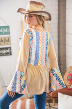 Load image into Gallery viewer, Mustard Ethnic Stripe Two Tone Bell Sleeve Knit Top
