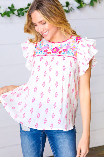 Pink Aztec & Embroidered Ruffle Top