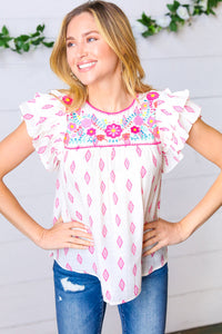 Pink Aztec & Embroidered Ruffle Top