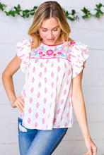 Load image into Gallery viewer, Pink Aztec &amp; Embroidered Ruffle Top