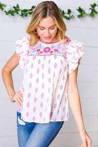 Pink Aztec & Embroidered Ruffle Top