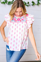 Load image into Gallery viewer, Pink Aztec &amp; Embroidered Ruffle Top