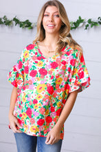 Load image into Gallery viewer, Red Flat Floral Pring Dolman Ruffle Frill Sleeve Blouse
