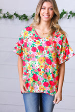 Load image into Gallery viewer, Red Flat Floral Pring Dolman Ruffle Frill Sleeve Blouse