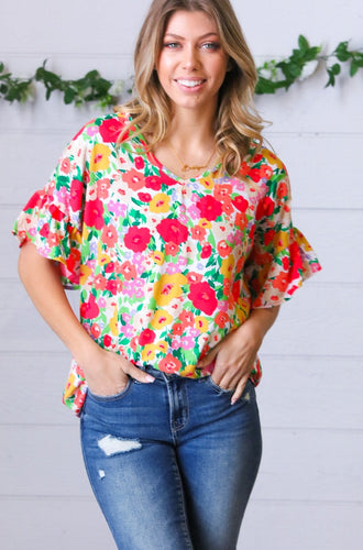 Red Flat Floral Pring Dolman Ruffle Frill Sleeve Blouse