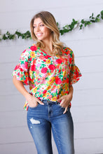 Load image into Gallery viewer, Red Flat Floral Pring Dolman Ruffle Frill Sleeve Blouse