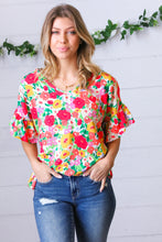 Load image into Gallery viewer, Red Flat Floral Pring Dolman Ruffle Frill Sleeve Blouse
